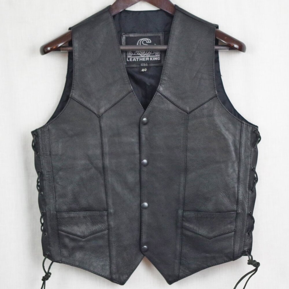Leather King Black Leather Snap Button Side Tie Vest Size 40